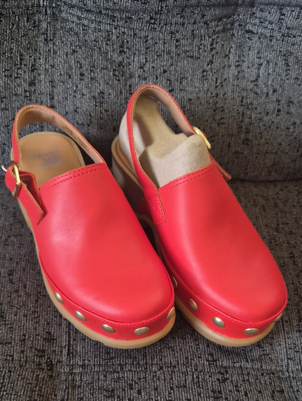 Sorel Women’s Red Leather Clog Mules with Gold Studs